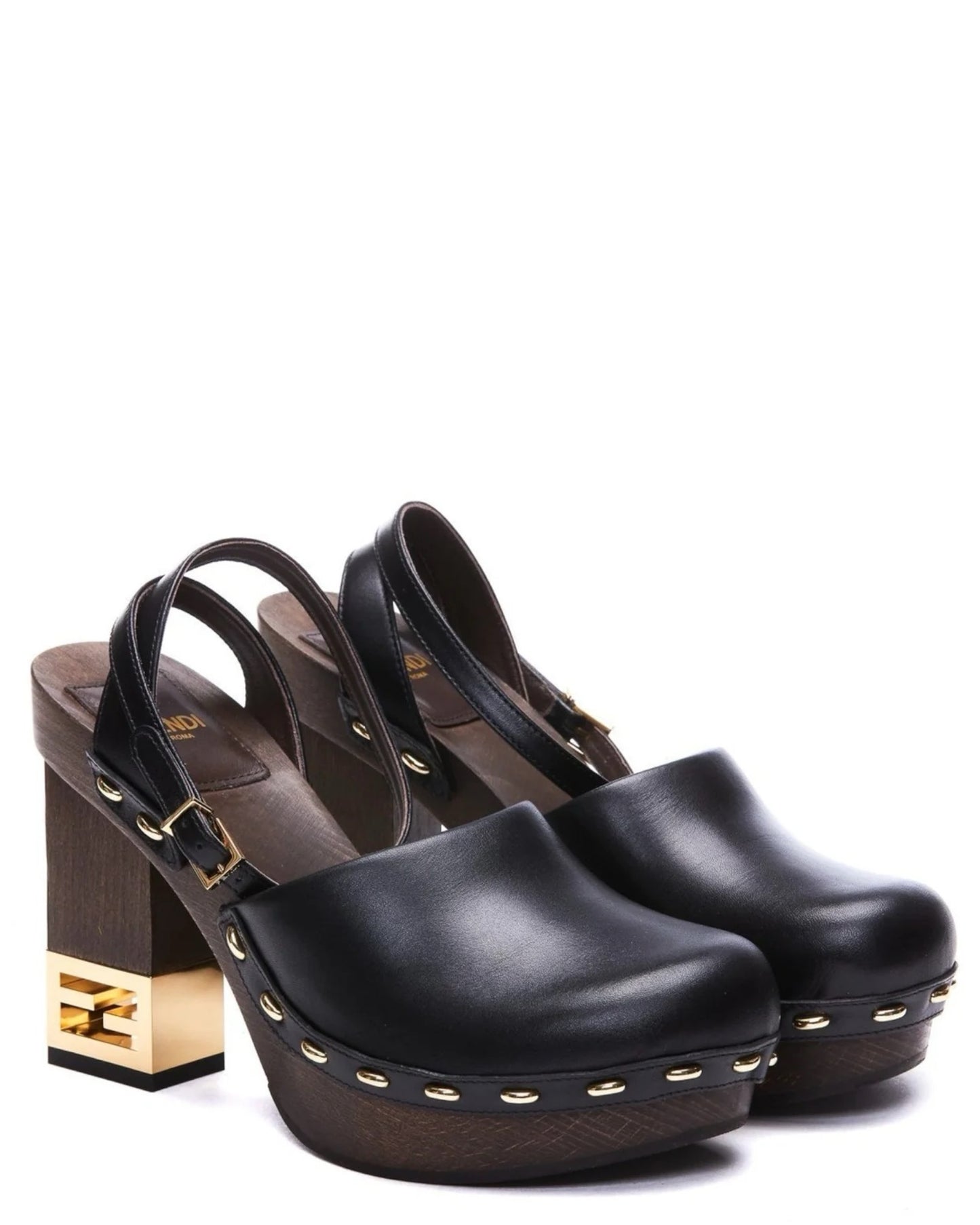 Fendi Vitello Leather Ankle-Strap Clogs