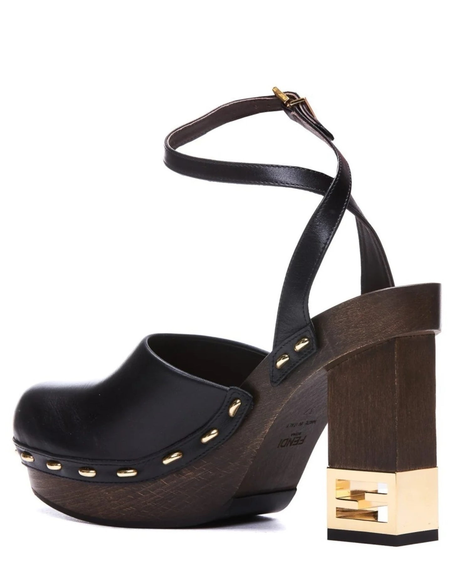 Fendi Vitello Leather Ankle-Strap Clogs