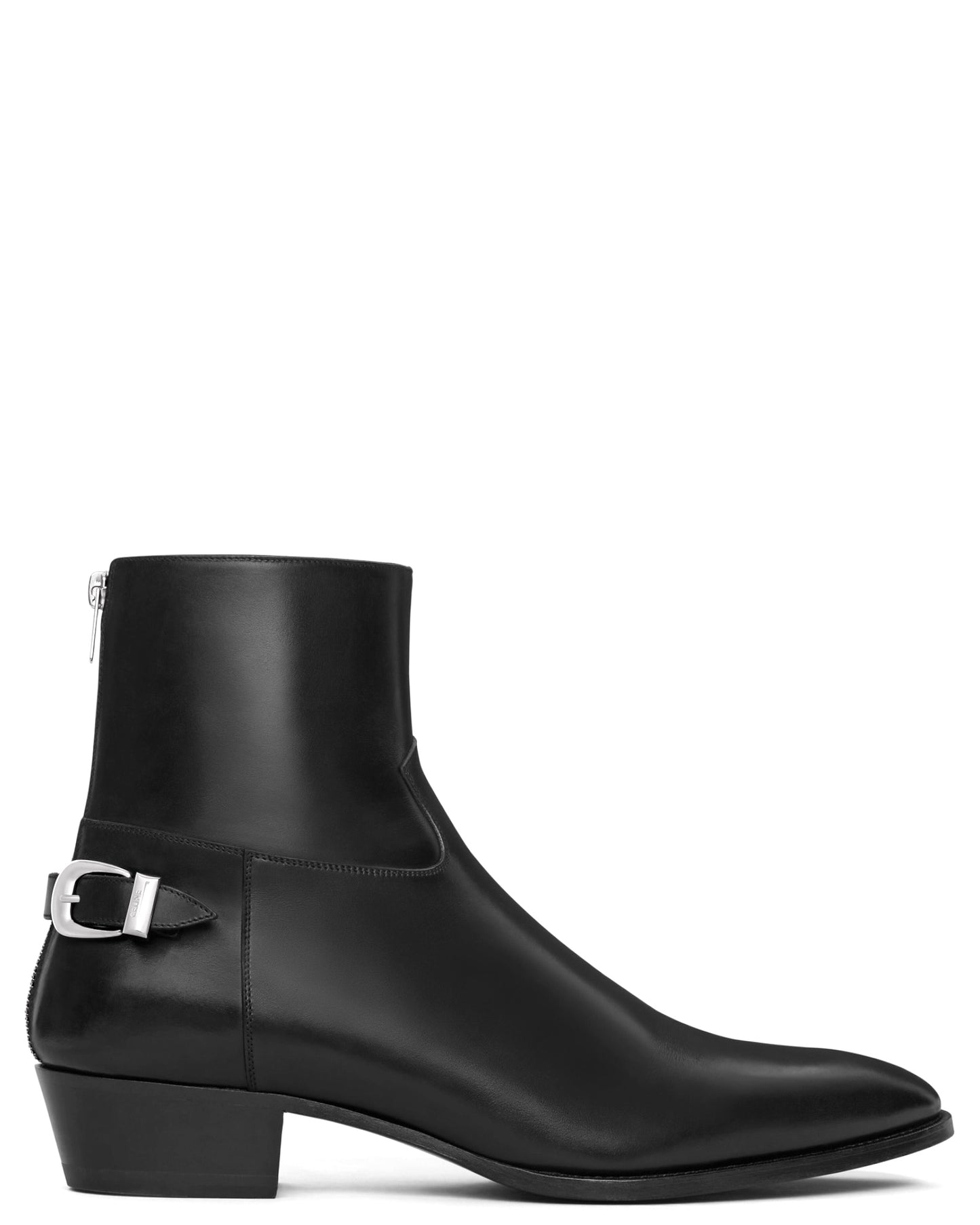 Celine Drugstore Back Buckle Zipped Boot in Shiny Calfskin