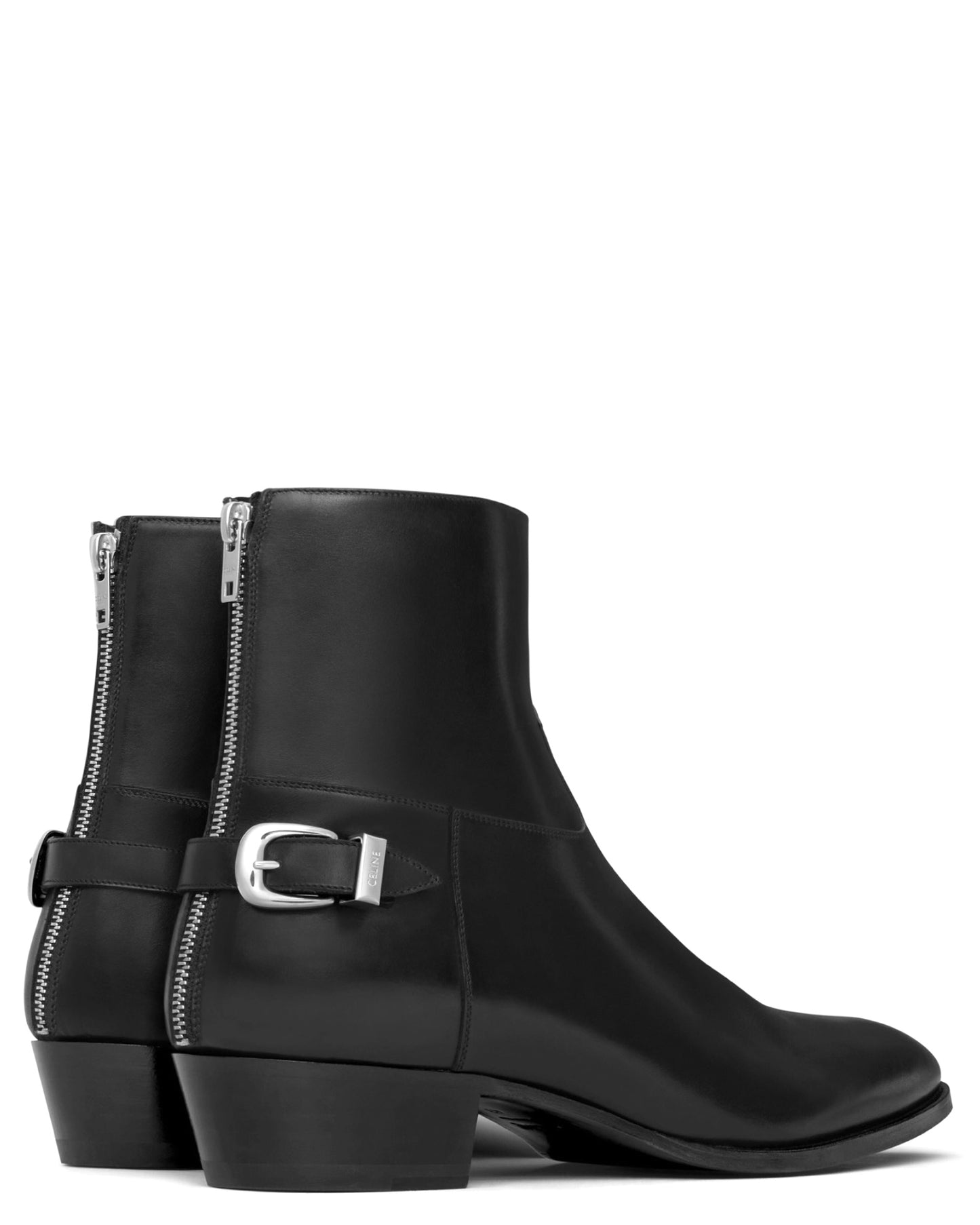 Celine Drugstore Back Buckle Zipped Boot in Shiny Calfskin