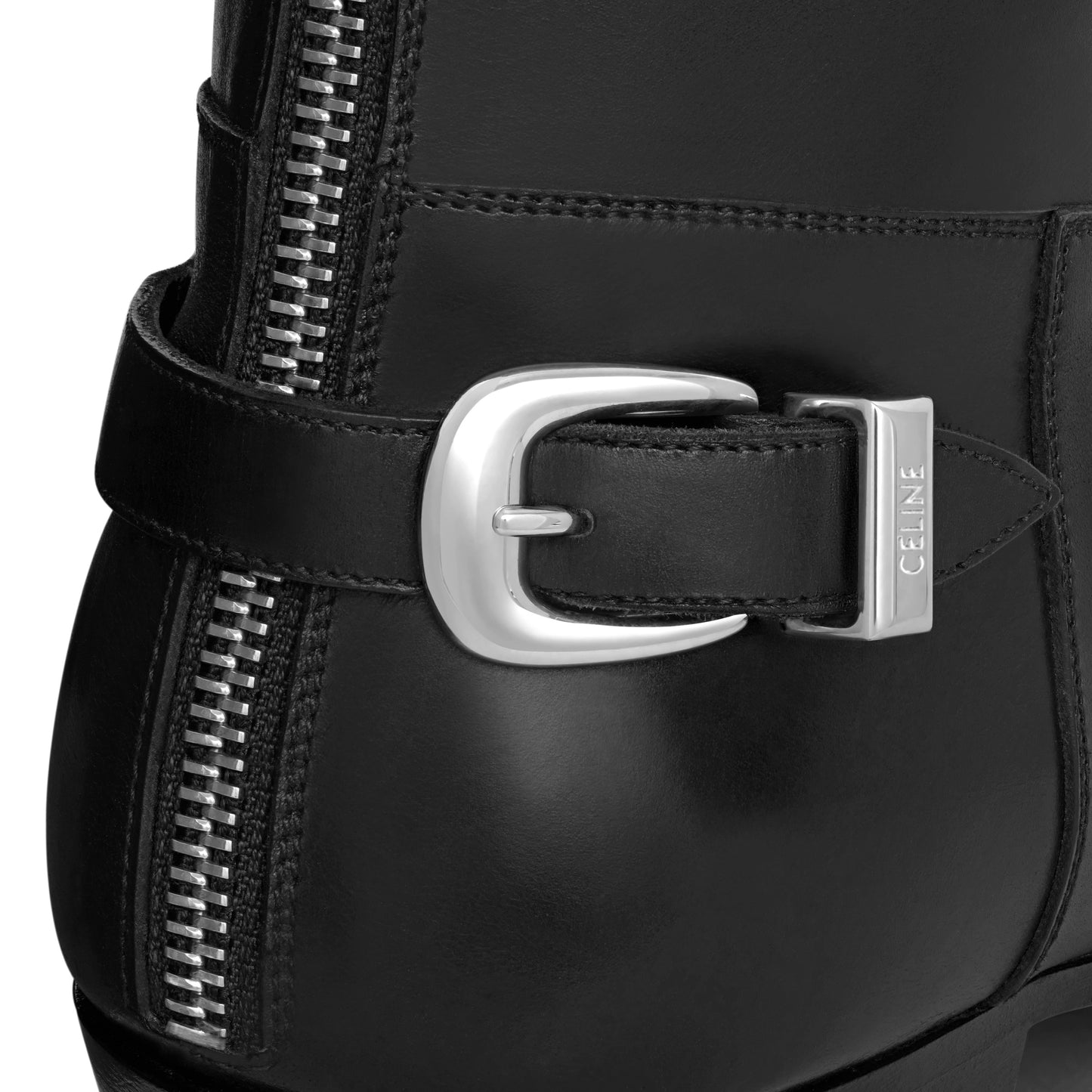 Celine Drugstore Back Buckle Zipped Boot in Shiny Calfskin