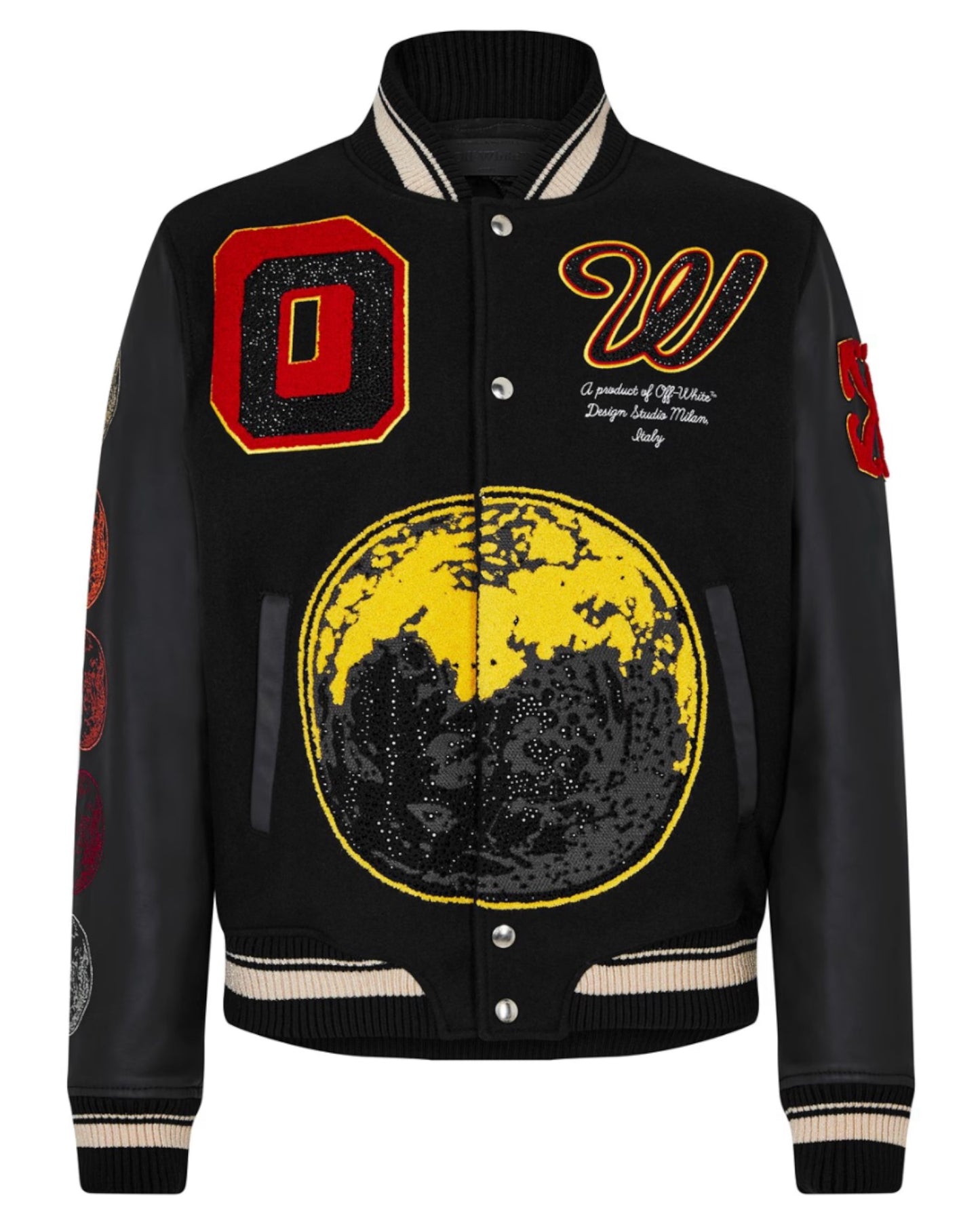 Off-White Moon Phase Sierra Leone Leather Sleeve Varsity Jacket