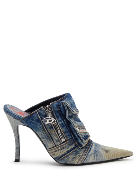 Diesel D-Venus Pocket Mules in Washed Denim