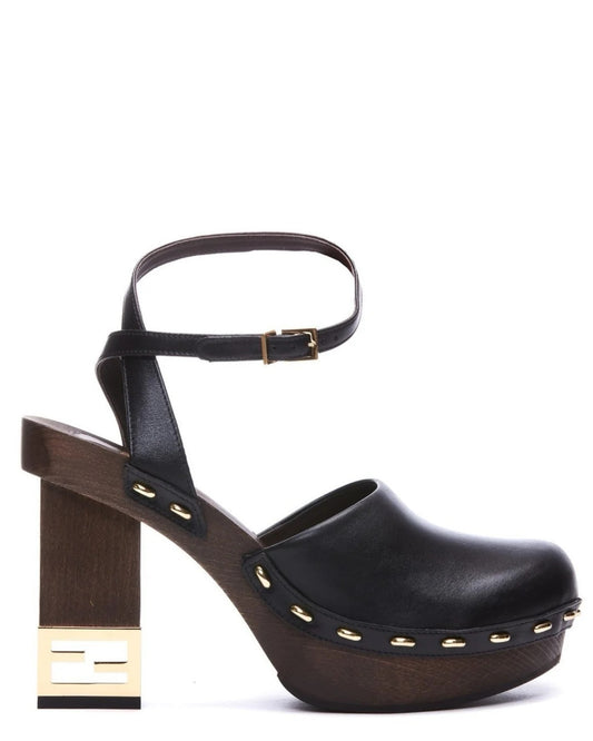 Fendi Vitello Leather Ankle-Strap Clogs